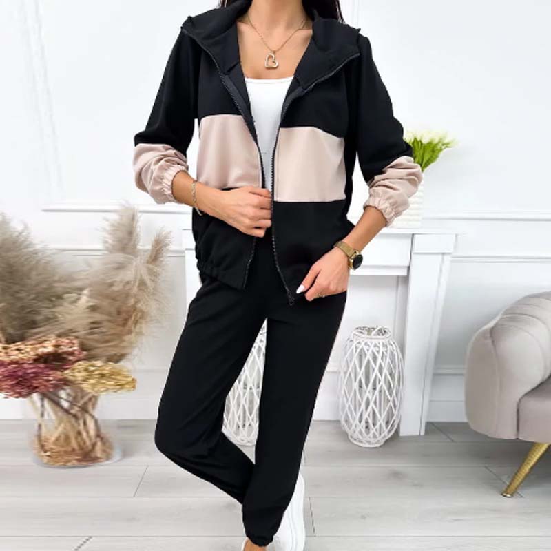 Naisten rento väriblokki-verryttelyasu: huppullinen vetoketjullinen takki & jogger-housut