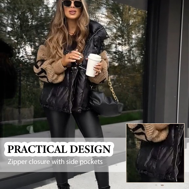 Naisten tilkkutäkkihenkinen neulehihainen hupullinen toppatakki